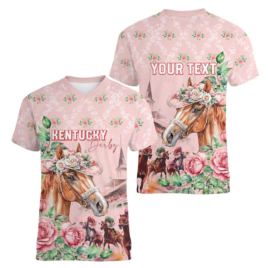 Personalized Kentucky Horse Racing Women V-Neck T-Shirt Rose Diamond Pattern Pink