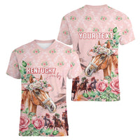 Personalized Kentucky Horse Racing Women V-Neck T-Shirt Rose Diamond Pattern Pink