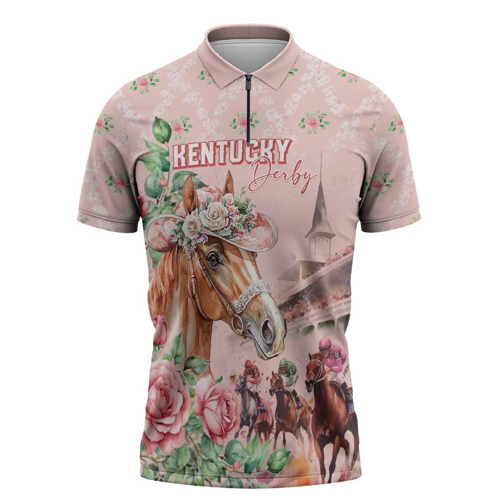 Personalized Kentucky Horse Racing Zipper Polo Shirt Rose Diamond Pattern Pink
