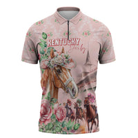 Personalized Kentucky Horse Racing Zipper Polo Shirt Rose Diamond Pattern Pink