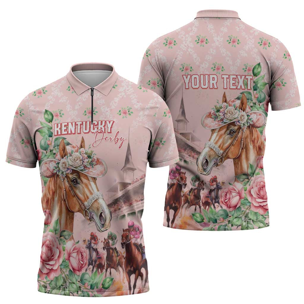 Personalized Kentucky Horse Racing Zipper Polo Shirt Rose Diamond Pattern Pink