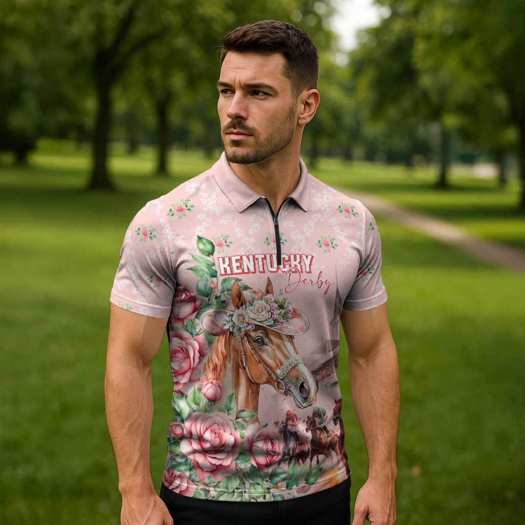 Personalized Kentucky Horse Racing Zipper Polo Shirt Rose Diamond Pattern Pink