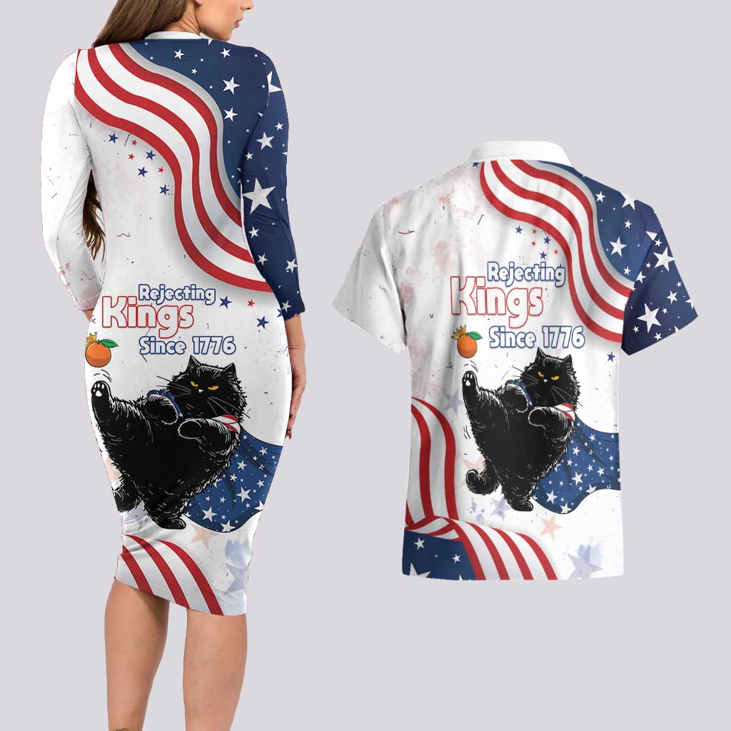 Funny Cat No Kings Couples Matching Long Sleeve Bodycon Dress and Hawaiian Shirt Rejecting Kings Since 1776 - Wonder Print Shop