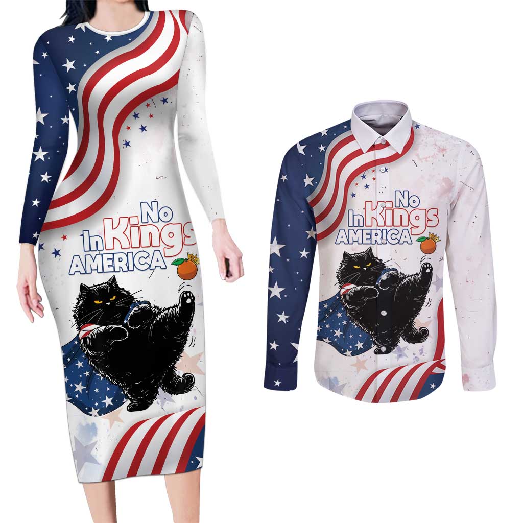 Funny Cat No Kings Couples Matching Long Sleeve Bodycon Dress and Long Sleeve Button Shirt Rejecting Kings Since 1776 - Wonder Print Shop