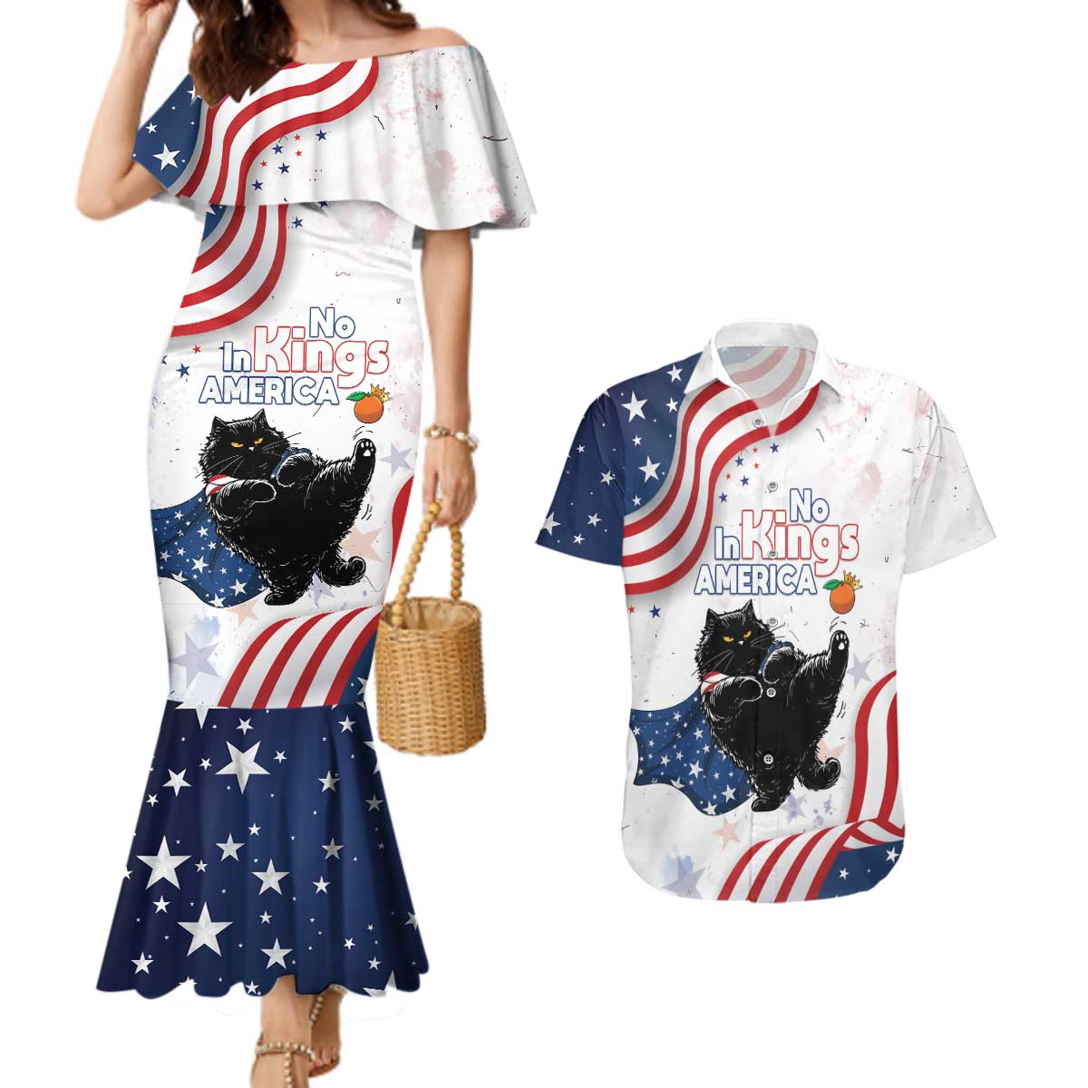 Funny Cat No Kings Couples Matching Mermaid Dress and Hawaiian Shirt Rejecting Kings Since 1776 - Wonder Print Shop