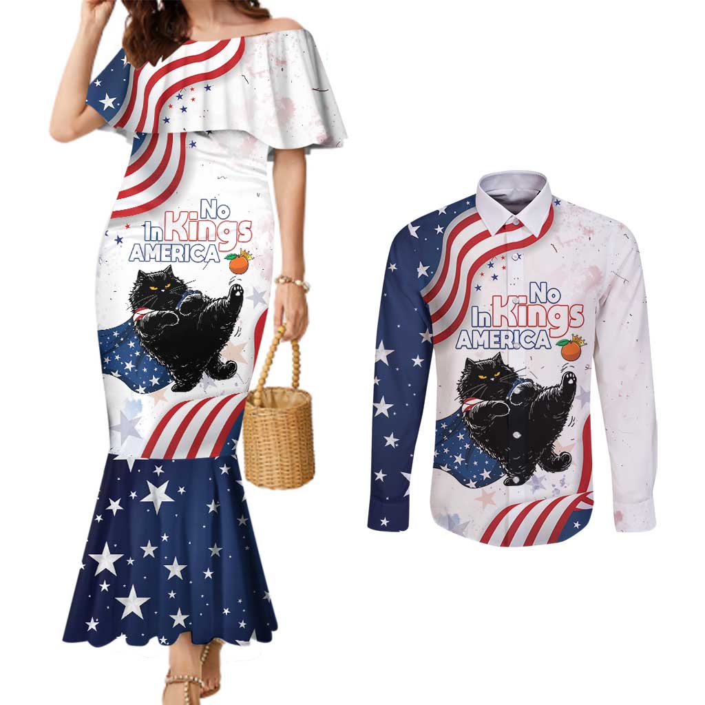 Funny Cat No Kings Couples Matching Mermaid Dress and Long Sleeve Button Shirt Rejecting Kings Since 1776 - Wonder Print Shop
