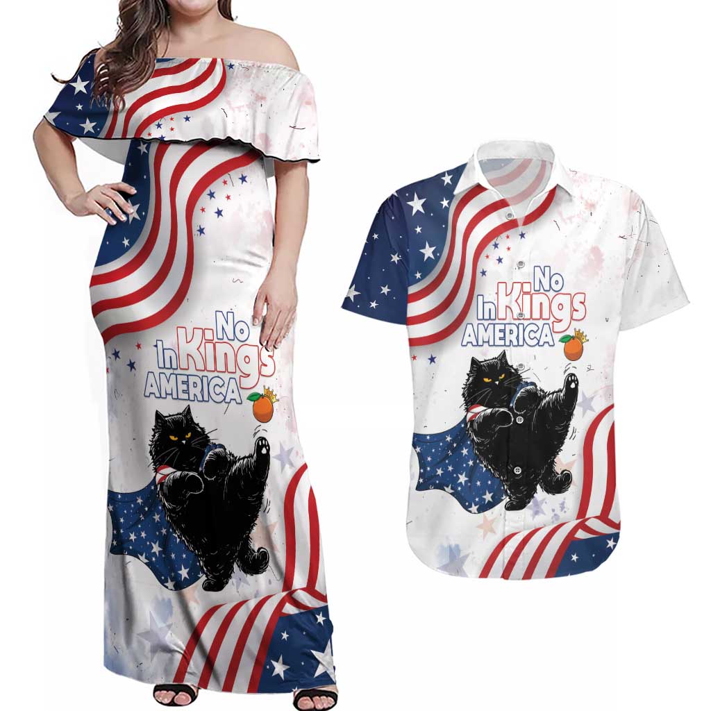 Funny Cat No Kings Couples Matching Off Shoulder Maxi Dress and Hawaiian Shirt Rejecting Kings Since 1776 - Wonder Print Shop