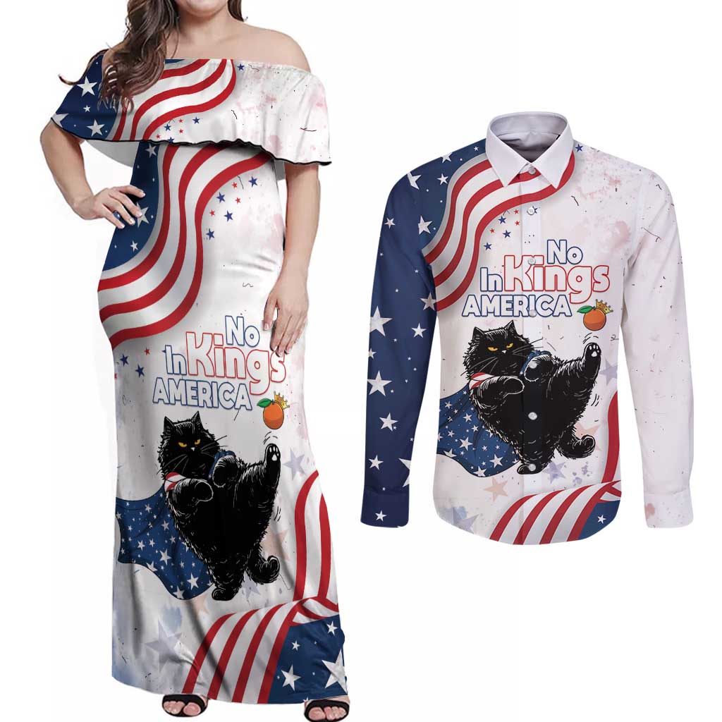 Funny Cat No Kings Couples Matching Off Shoulder Maxi Dress and Long Sleeve Button Shirt Rejecting Kings Since 1776 - Wonder Print Shop