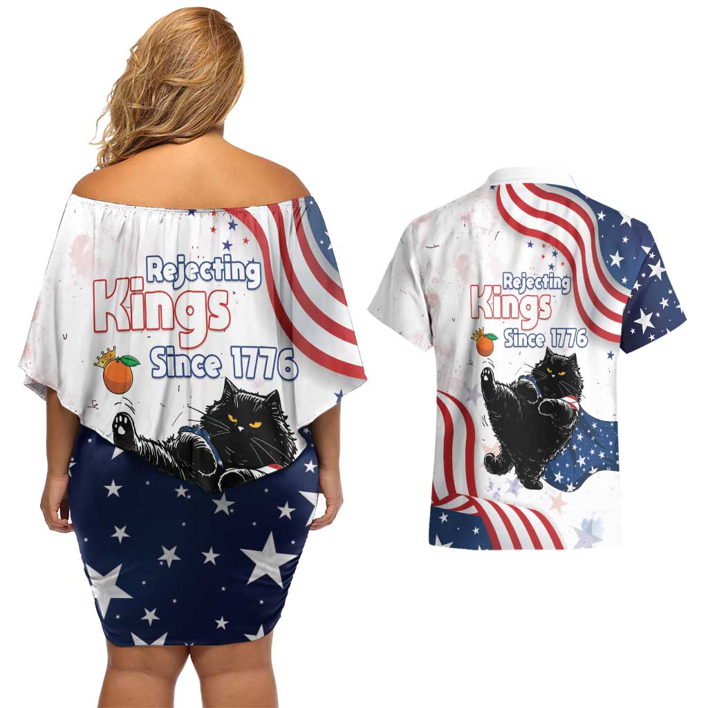 Funny Cat No Kings Couples Matching Off Shoulder Short Dress and Hawaiian Shirt Rejecting Kings Since 1776 - Wonder Print Shop