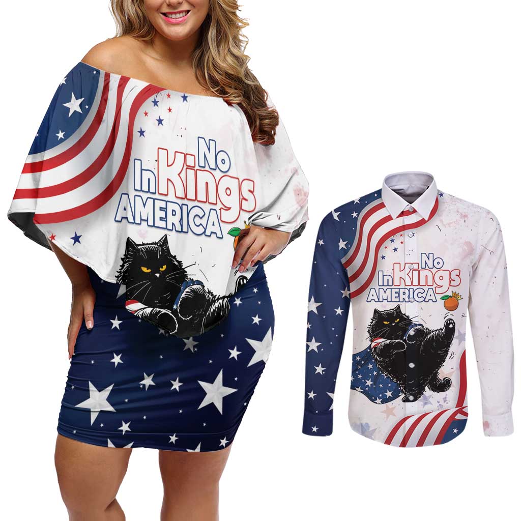 Funny Cat No Kings Couples Matching Off Shoulder Short Dress and Long Sleeve Button Shirt Rejecting Kings Since 1776 - Wonder Print Shop