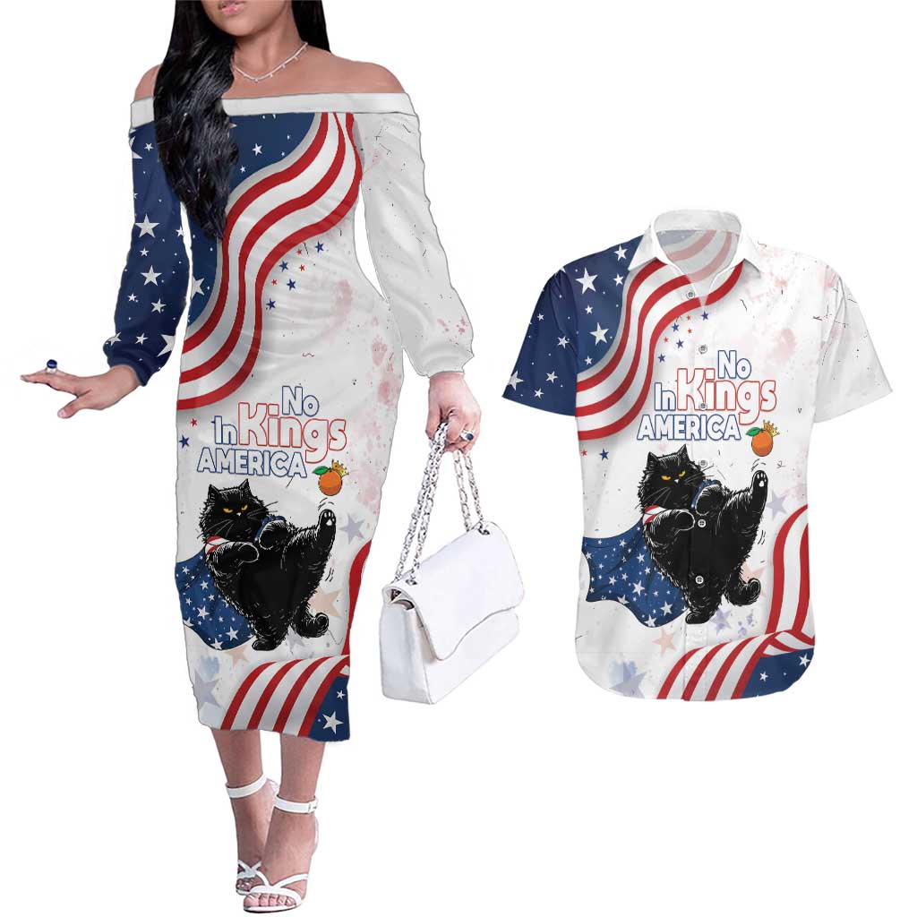Funny Cat No Kings Couples Matching Off The Shoulder Long Sleeve Dress and Hawaiian Shirt Rejecting Kings Since 1776 - Wonder Print Shop