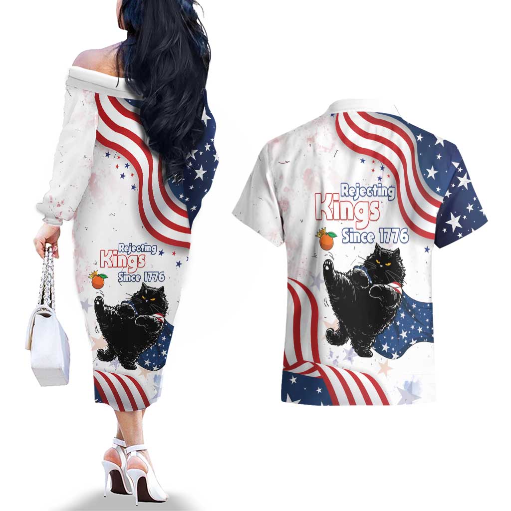 Funny Cat No Kings Couples Matching Off The Shoulder Long Sleeve Dress and Hawaiian Shirt Rejecting Kings Since 1776 - Wonder Print Shop