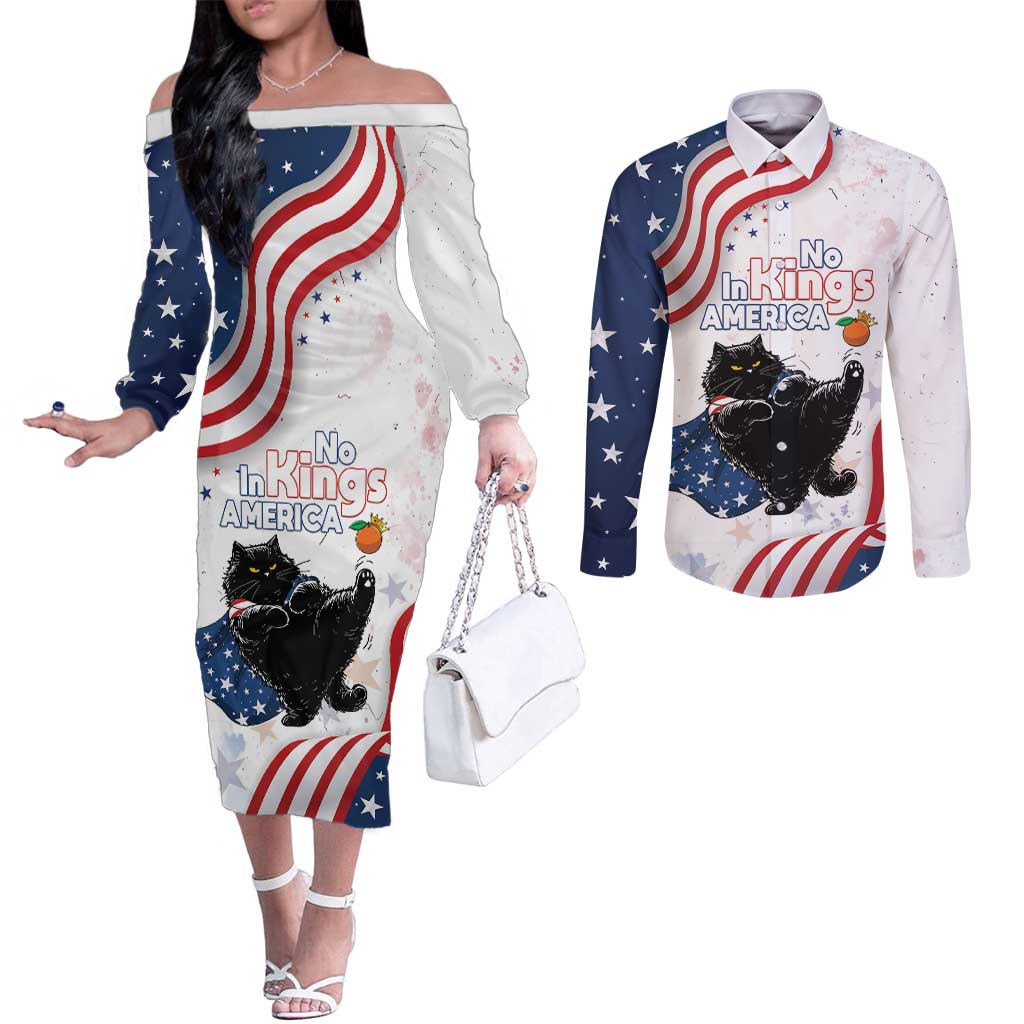 Funny Cat No Kings Couples Matching Off The Shoulder Long Sleeve Dress and Long Sleeve Button Shirt Rejecting Kings Since 1776 - Wonder Print Shop