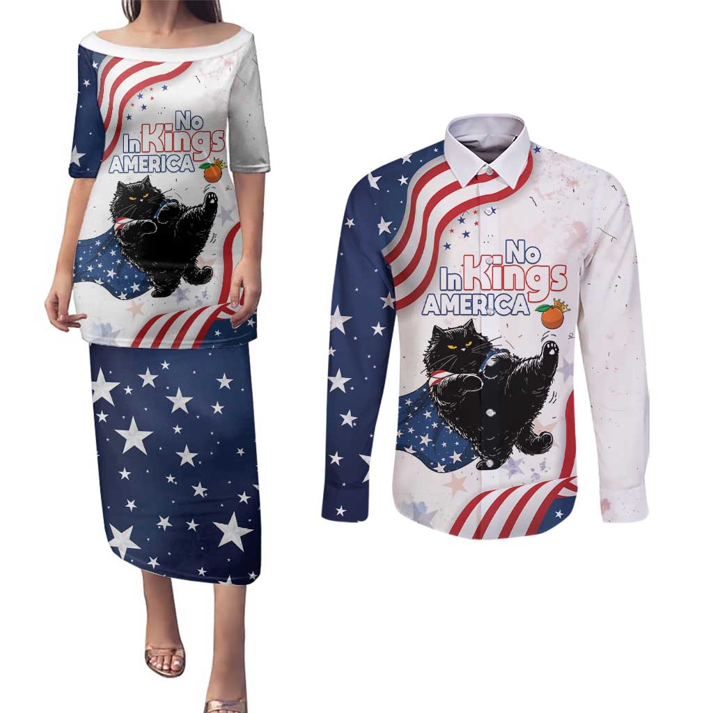 Funny Cat No Kings Couples Matching Puletasi and Long Sleeve Button Shirt Rejecting Kings Since 1776 - Wonder Print Shop