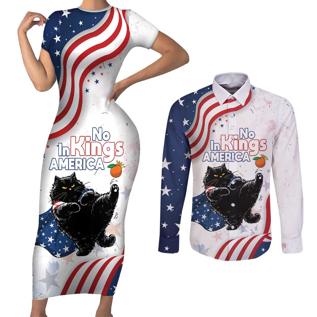 Funny Cat No Kings Couples Matching Short Sleeve Bodycon Dress and Long Sleeve Button Shirt Rejecting Kings Since 1776 - Wonder Print Shop