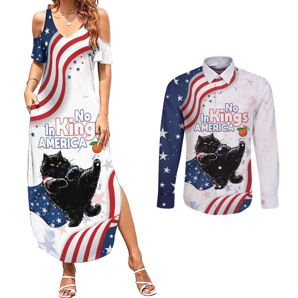 Funny Cat No Kings Couples Matching Summer Maxi Dress and Long Sleeve Button Shirt Rejecting Kings Since 1776 - Wonder Print Shop