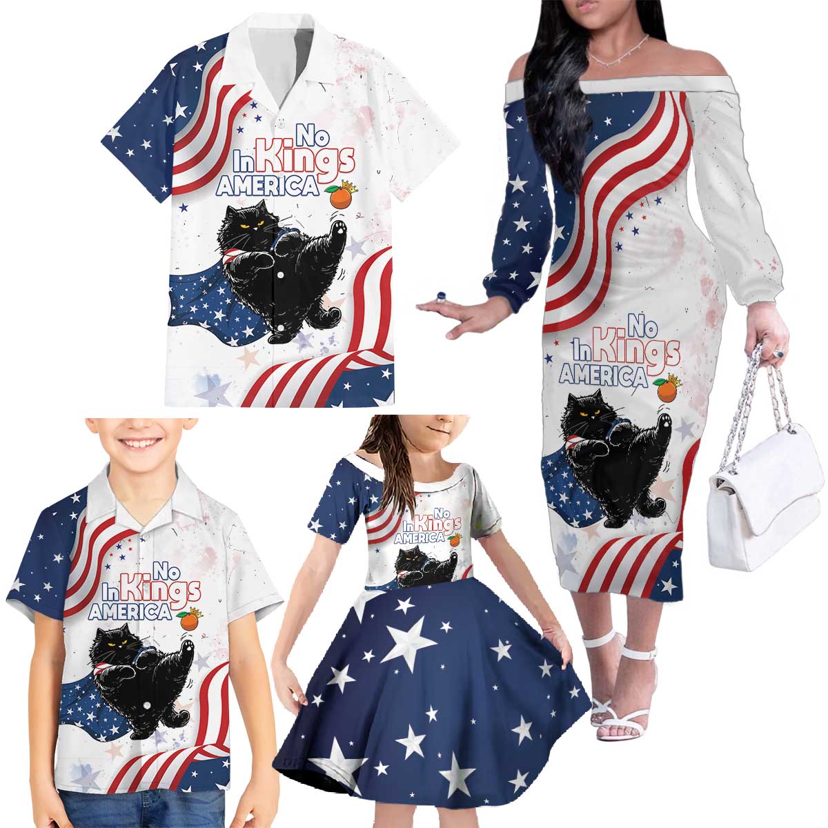 Funny Cat No Kings Family Matching Off The Shoulder Long Sleeve Dress and Hawaiian Shirt Rejecting Kings Since 1776 - Wonder Print Shop