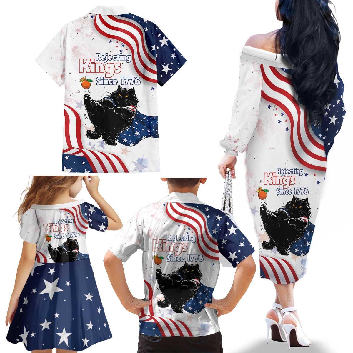Funny Cat No Kings Family Matching Off The Shoulder Long Sleeve Dress and Hawaiian Shirt Rejecting Kings Since 1776 - Wonder Print Shop