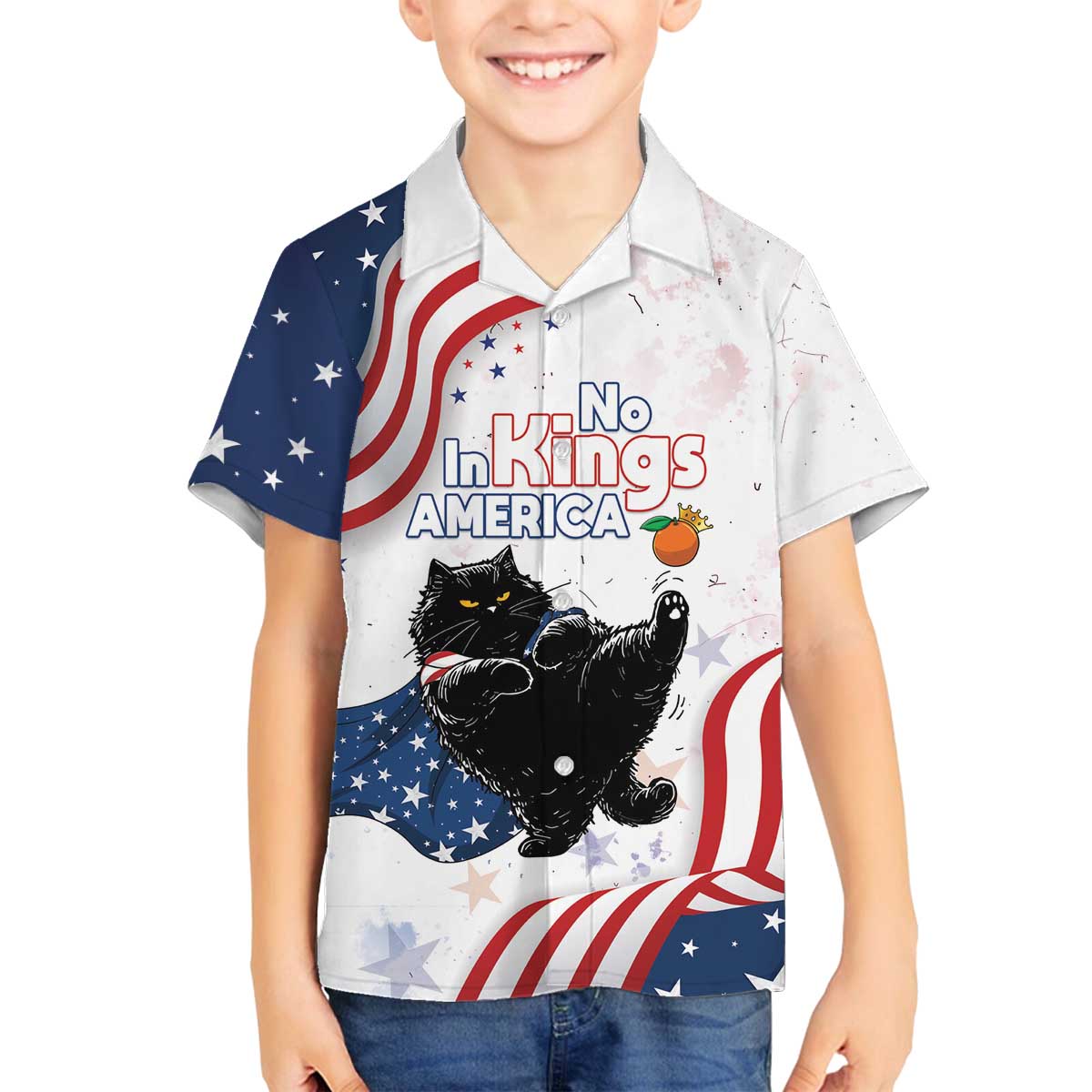 Funny Cat No Kings Family Matching Off The Shoulder Long Sleeve Dress and Hawaiian Shirt Rejecting Kings Since 1776 - Wonder Print Shop
