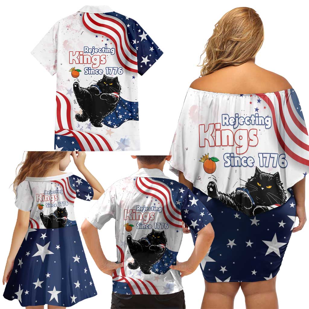 Funny Cat No Kings Family Matching Off Shoulder Short Dress and Hawaiian Shirt Rejecting Kings Since 1776 - Wonder Print Shop