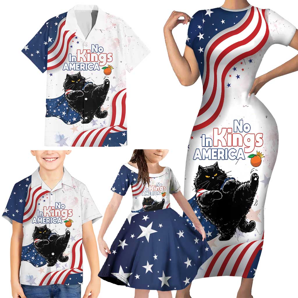 Funny Cat No Kings Family Matching Short Sleeve Bodycon Dress and Hawaiian Shirt Rejecting Kings Since 1776 - Wonder Print Shop
