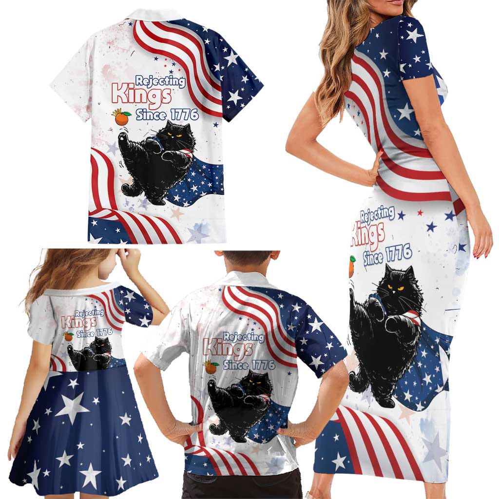 Funny Cat No Kings Family Matching Short Sleeve Bodycon Dress and Hawaiian Shirt Rejecting Kings Since 1776 - Wonder Print Shop