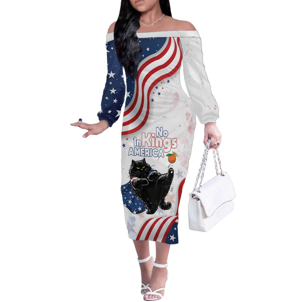 Funny Cat No Kings Off The Shoulder Long Sleeve Dress Rejecting Kings Since 1776 - Wonder Print Shop