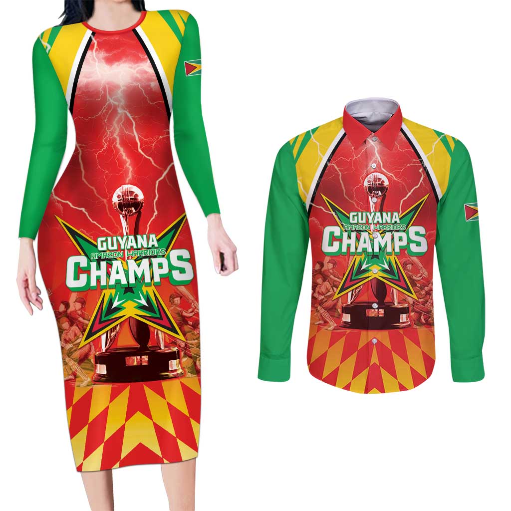 Custom Guyana Cricket Couples Matching Long Sleeve Bodycon Dress and Long Sleeve Button Shirt Amazon Warriors Glorious Victory - Wonder Print Shop