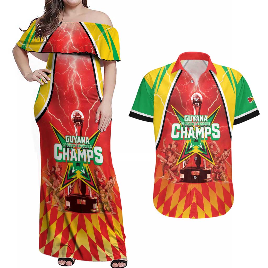 Custom Guyana Cricket Couples Matching Off Shoulder Maxi Dress and Hawaiian Shirt Amazon Warriors Glorious Victory - Wonder Print Shop