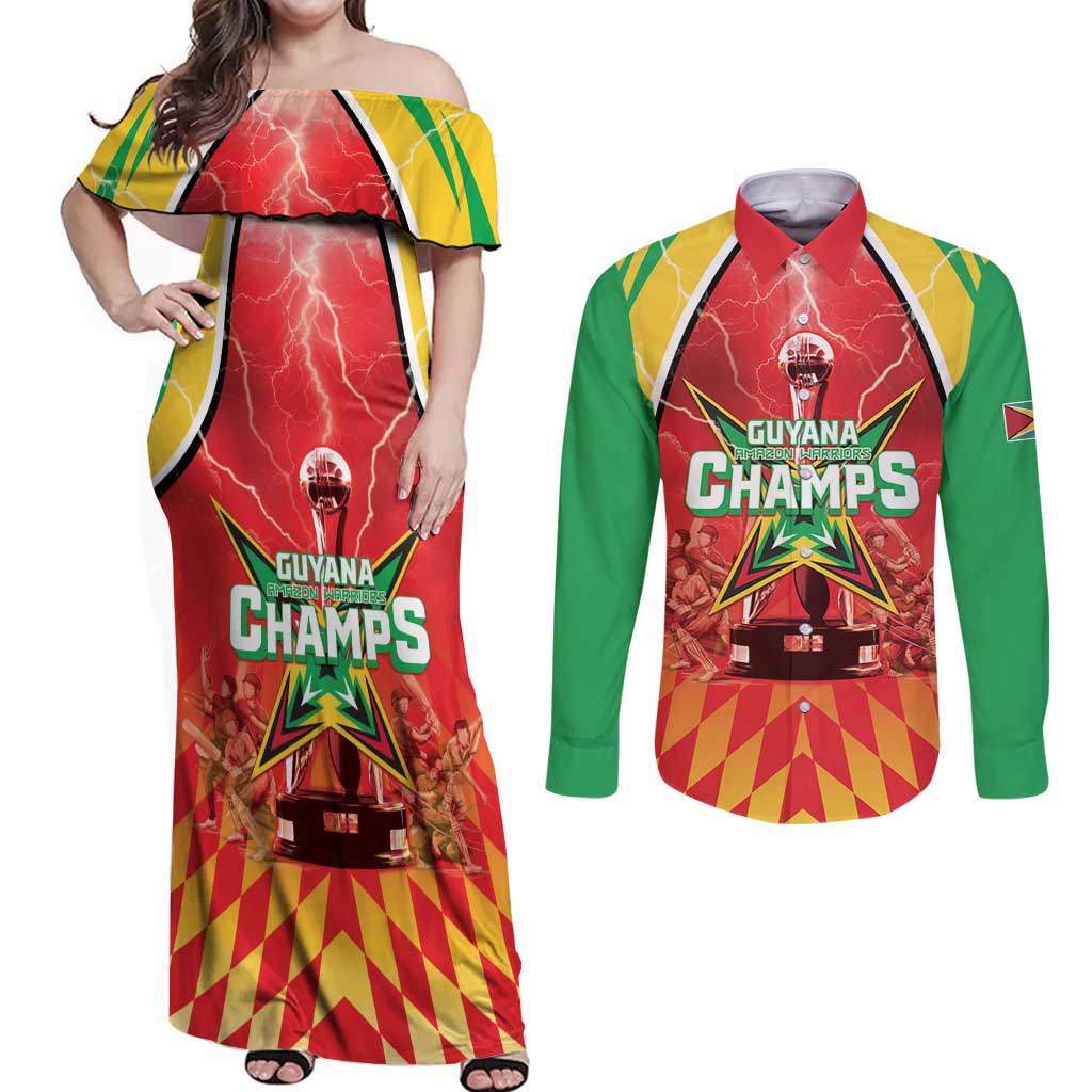 Custom Guyana Cricket Couples Matching Off Shoulder Maxi Dress and Long Sleeve Button Shirt Amazon Warriors Glorious Victory - Wonder Print Shop