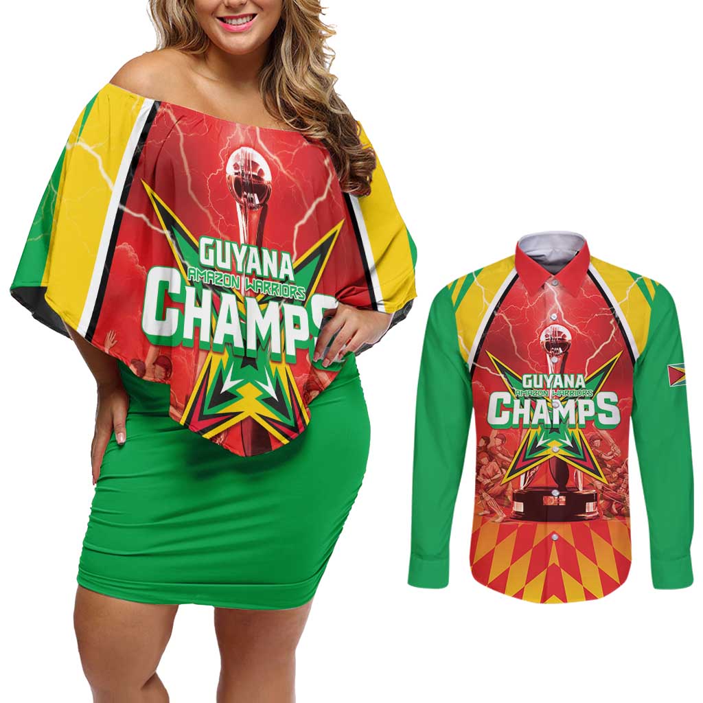 Custom Guyana Cricket Couples Matching Off Shoulder Short Dress and Long Sleeve Button Shirt Amazon Warriors Glorious Victory - Wonder Print Shop
