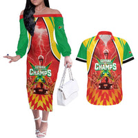 Custom Guyana Cricket Couples Matching Off The Shoulder Long Sleeve Dress and Hawaiian Shirt Amazon Warriors Glorious Victory - Wonder Print Shop