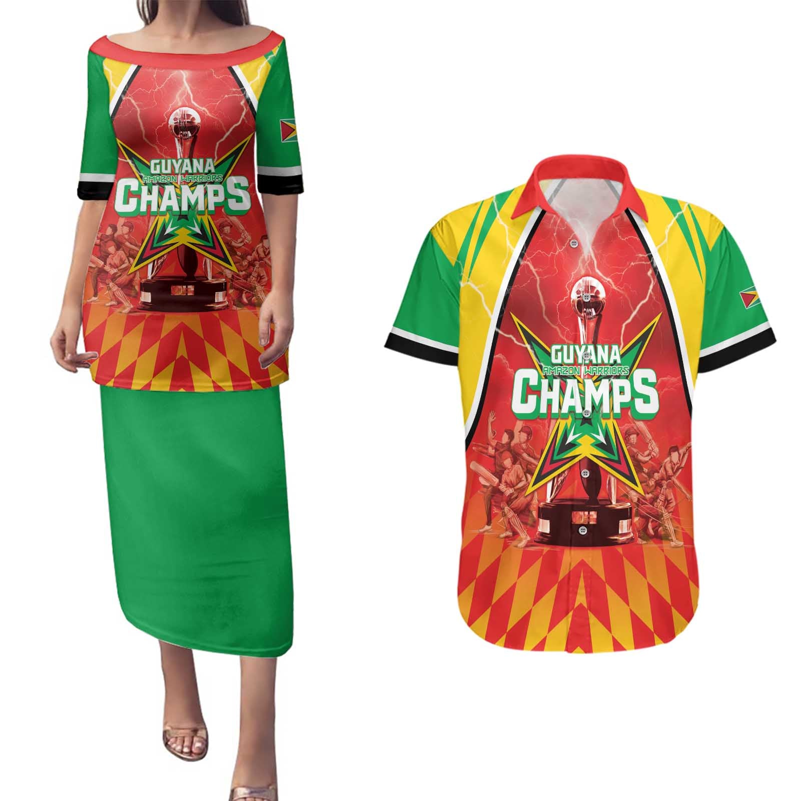 Custom Guyana Cricket Couples Matching Puletasi and Hawaiian Shirt Amazon Warriors Glorious Victory - Wonder Print Shop