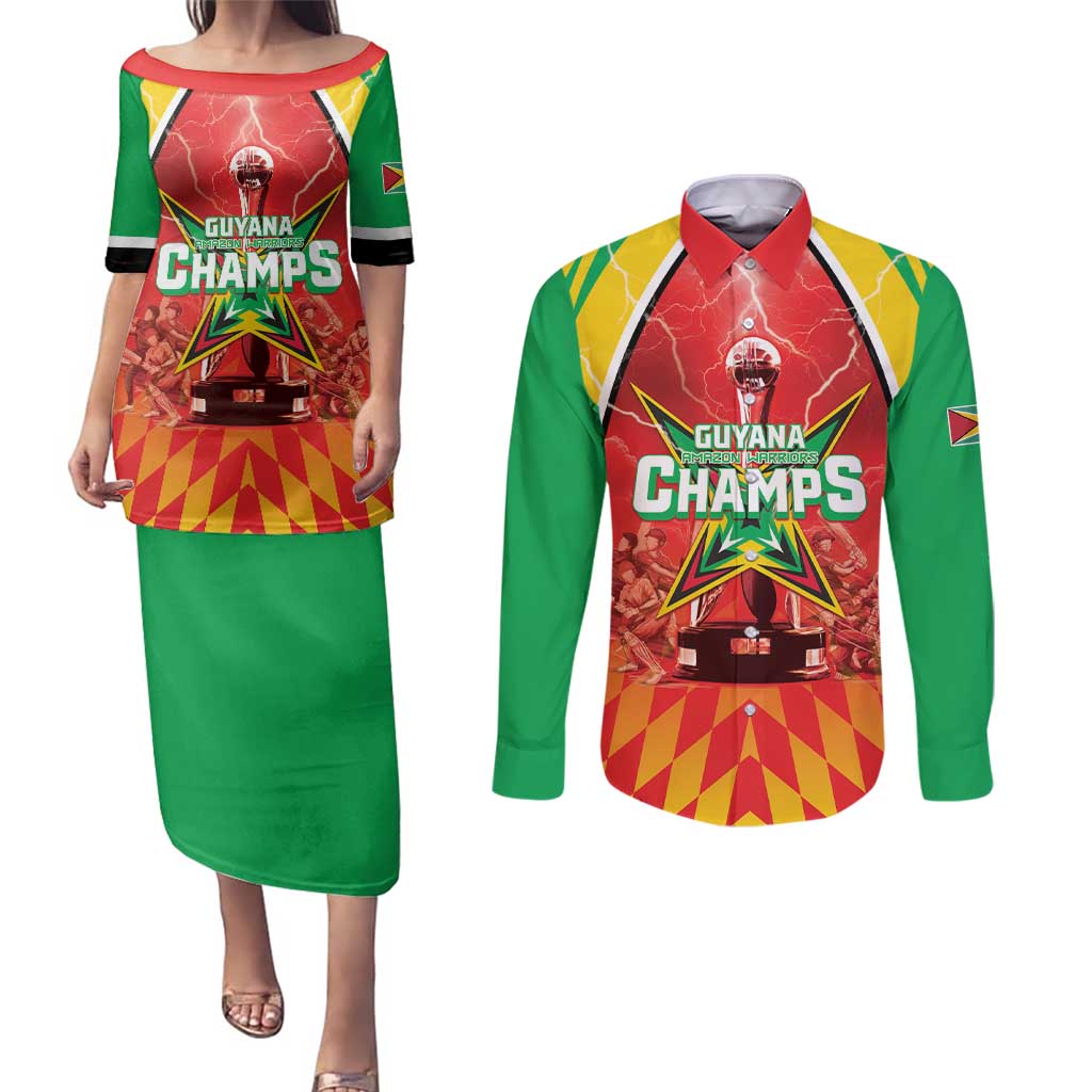 Custom Guyana Cricket Couples Matching Puletasi and Long Sleeve Button Shirt Amazon Warriors Glorious Victory - Wonder Print Shop