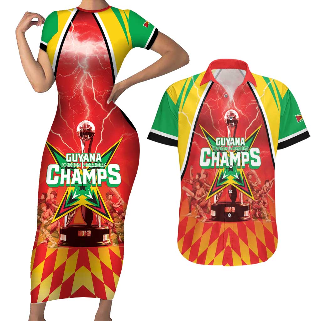 Custom Guyana Cricket Couples Matching Short Sleeve Bodycon Dress and Hawaiian Shirt Amazon Warriors Glorious Victory - Wonder Print Shop