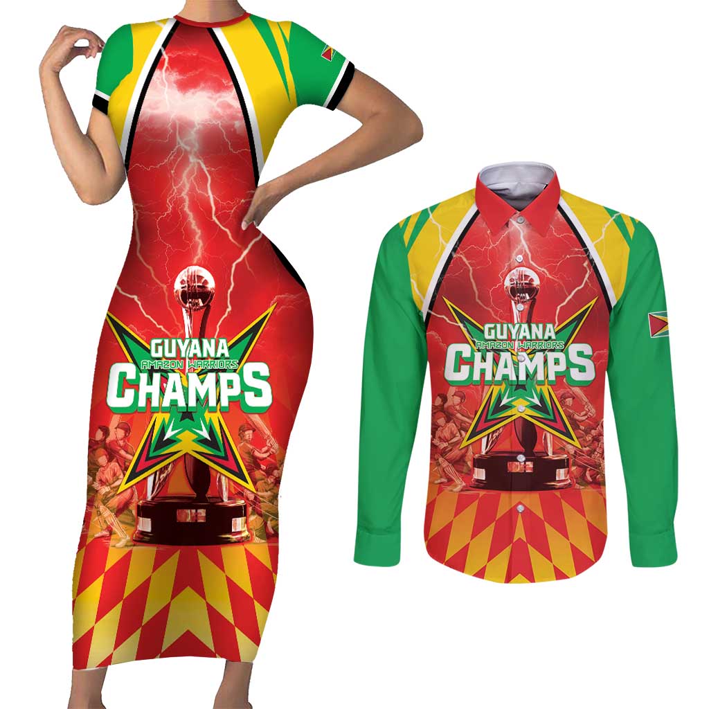 Custom Guyana Cricket Couples Matching Short Sleeve Bodycon Dress and Long Sleeve Button Shirt Amazon Warriors Glorious Victory - Wonder Print Shop