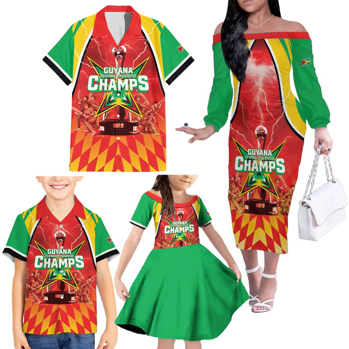 Custom Guyana Cricket Family Matching Off The Shoulder Long Sleeve Dress and Hawaiian Shirt Amazon Warriors Glorious Victory - Wonder Print Shop