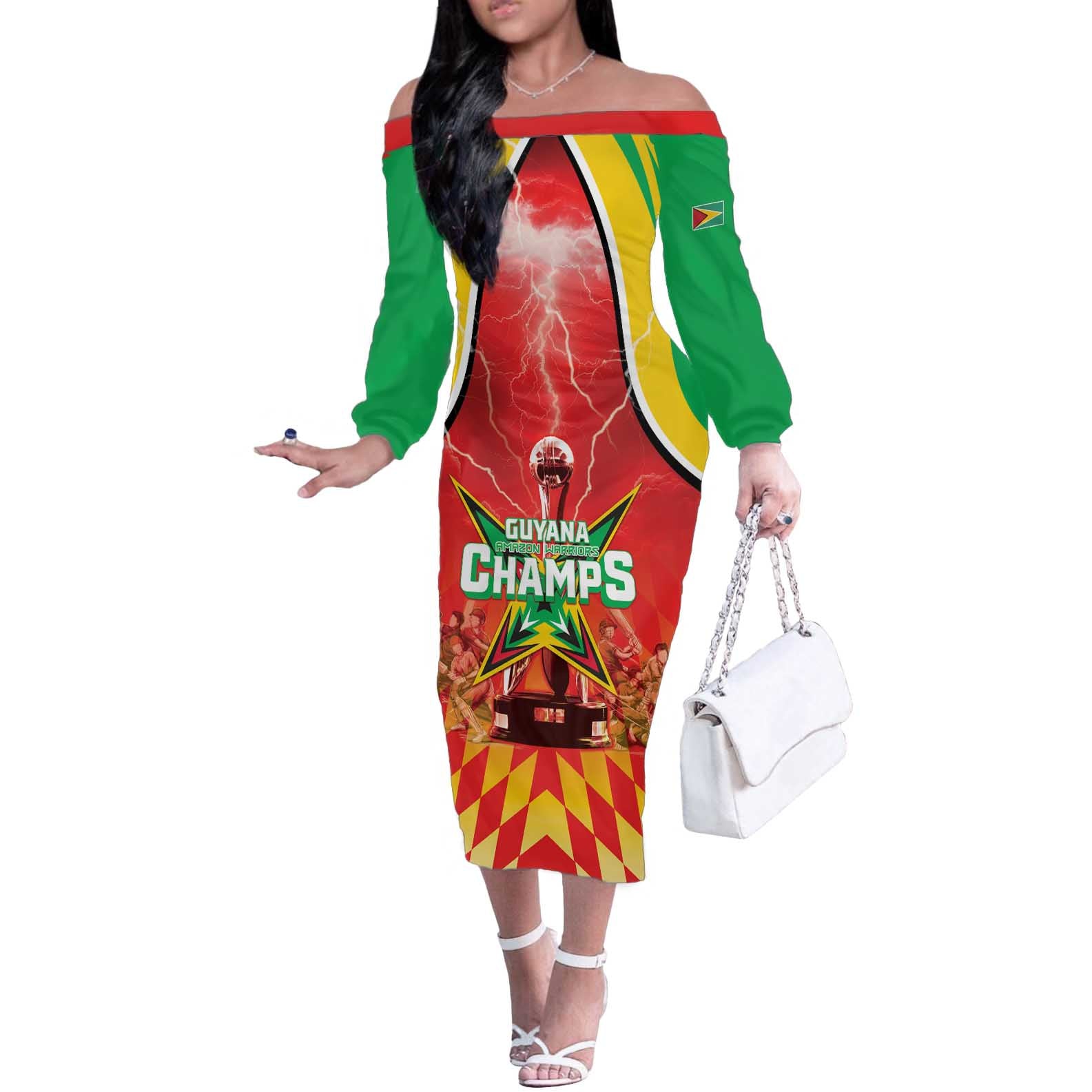Custom Guyana Cricket Off The Shoulder Long Sleeve Dress Amazon Warriors Glorious Victory - Wonder Print Shop