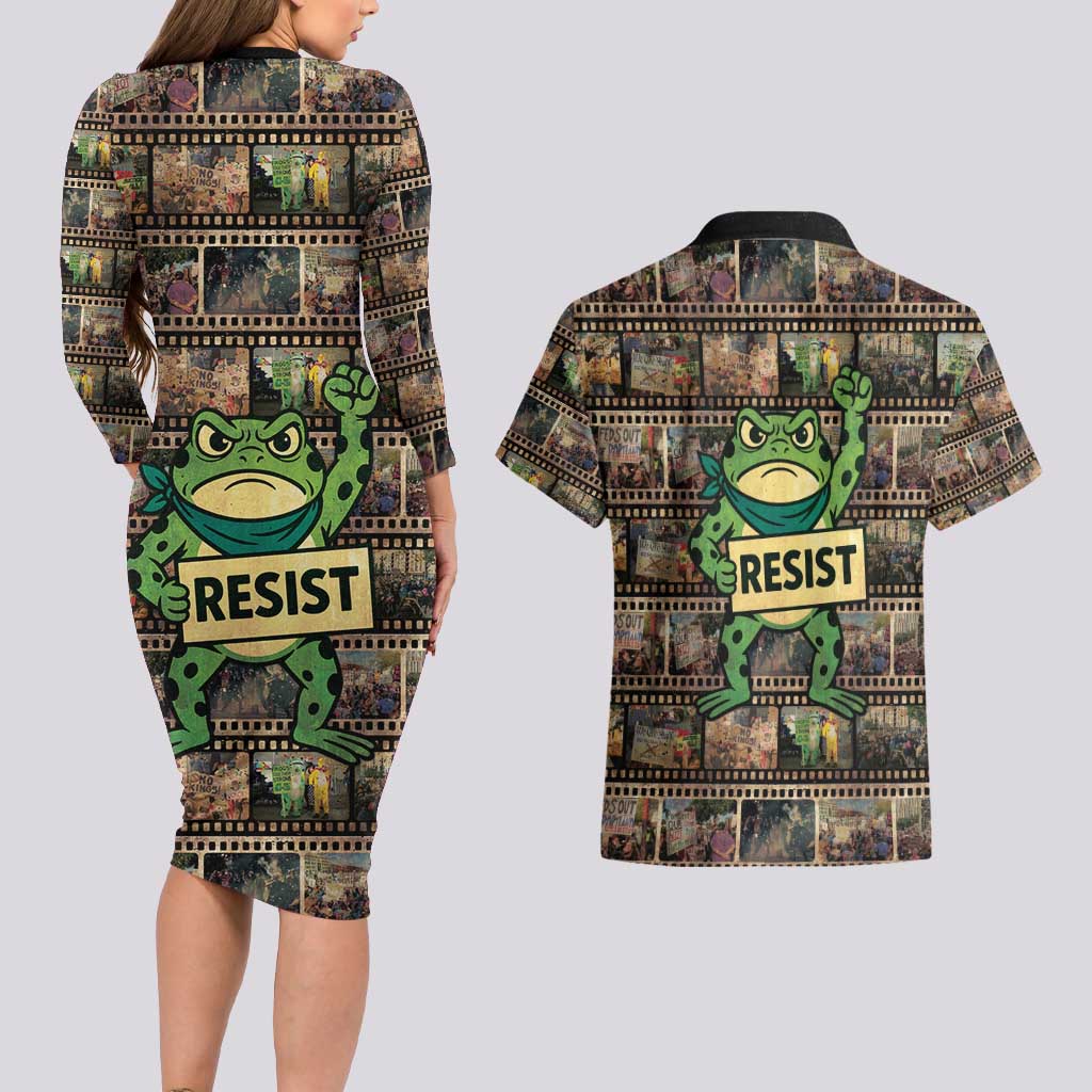 Resist Frog Couples Matching Long Sleeve Bodycon Dress and Hawaiian Shirt Protest Free Portland LT05