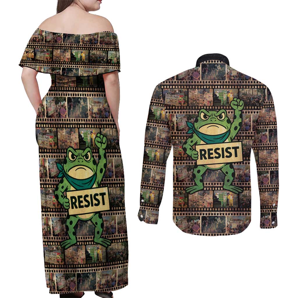 Resist Frog Couples Matching Off Shoulder Maxi Dress and Long Sleeve Button Shirt Protest Free Portland LT05