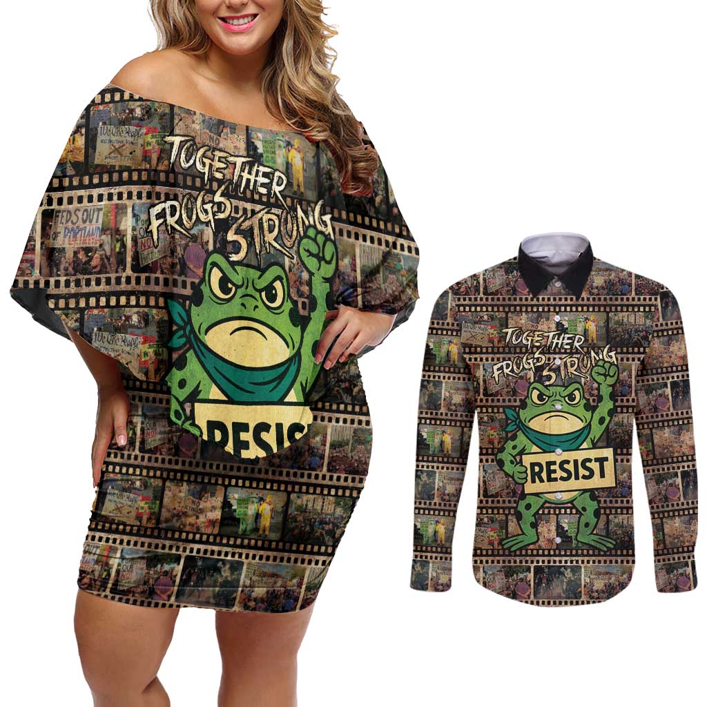 Resist Frog Couples Matching Off Shoulder Short Dress and Long Sleeve Button Shirt Protest Free Portland LT05