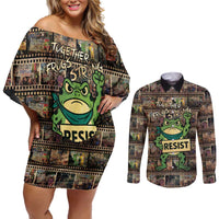 Resist Frog Couples Matching Off Shoulder Short Dress and Long Sleeve Button Shirt Protest Free Portland LT05