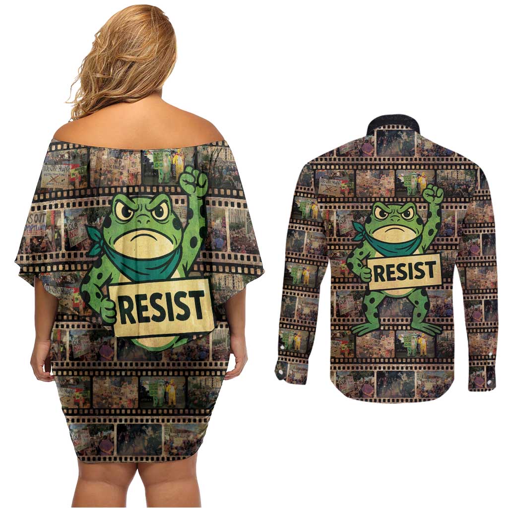 Resist Frog Couples Matching Off Shoulder Short Dress and Long Sleeve Button Shirt Protest Free Portland LT05