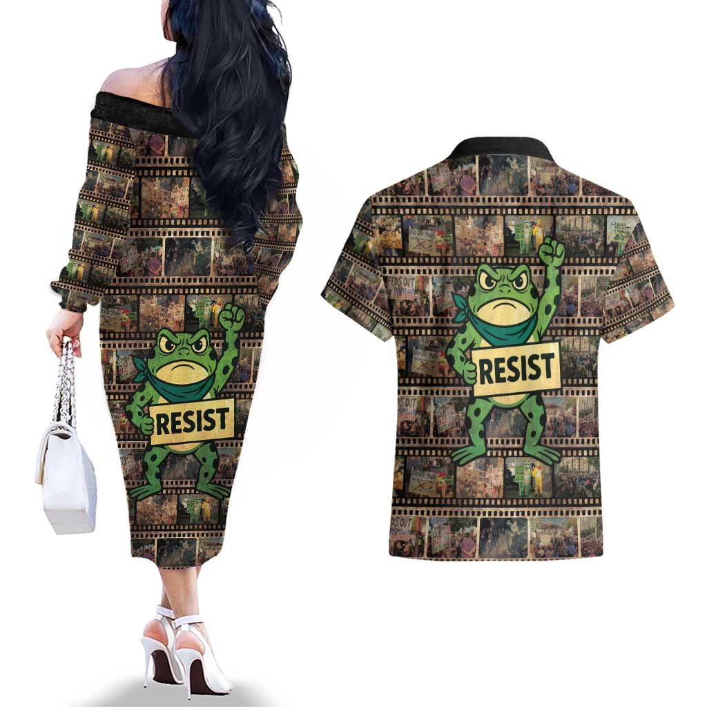 Resist Frog Couples Matching Off The Shoulder Long Sleeve Dress and Hawaiian Shirt Protest Free Portland LT05