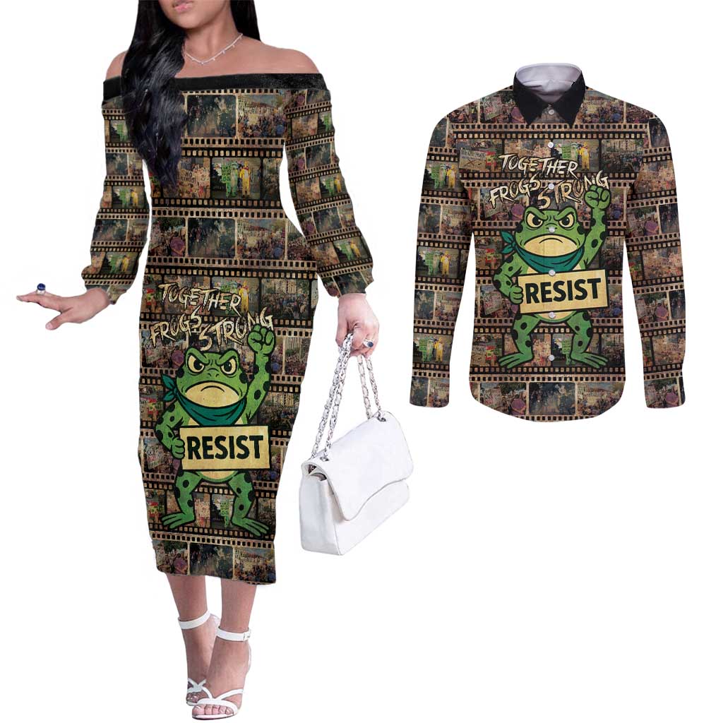 Resist Frog Couples Matching Off The Shoulder Long Sleeve Dress and Long Sleeve Button Shirt Protest Free Portland LT05