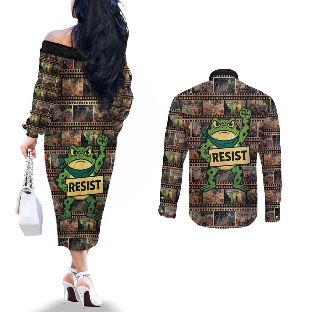 Resist Frog Couples Matching Off The Shoulder Long Sleeve Dress and Long Sleeve Button Shirt Protest Free Portland LT05