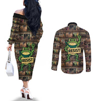 Resist Frog Couples Matching Off The Shoulder Long Sleeve Dress and Long Sleeve Button Shirt Protest Free Portland LT05