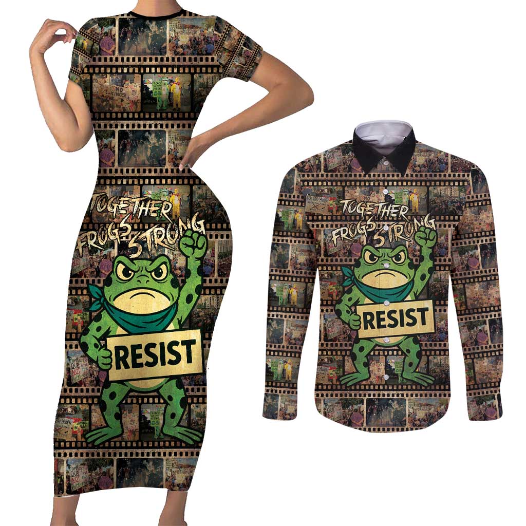 Resist Frog Couples Matching Short Sleeve Bodycon Dress and Long Sleeve Button Shirt Protest Free Portland LT05