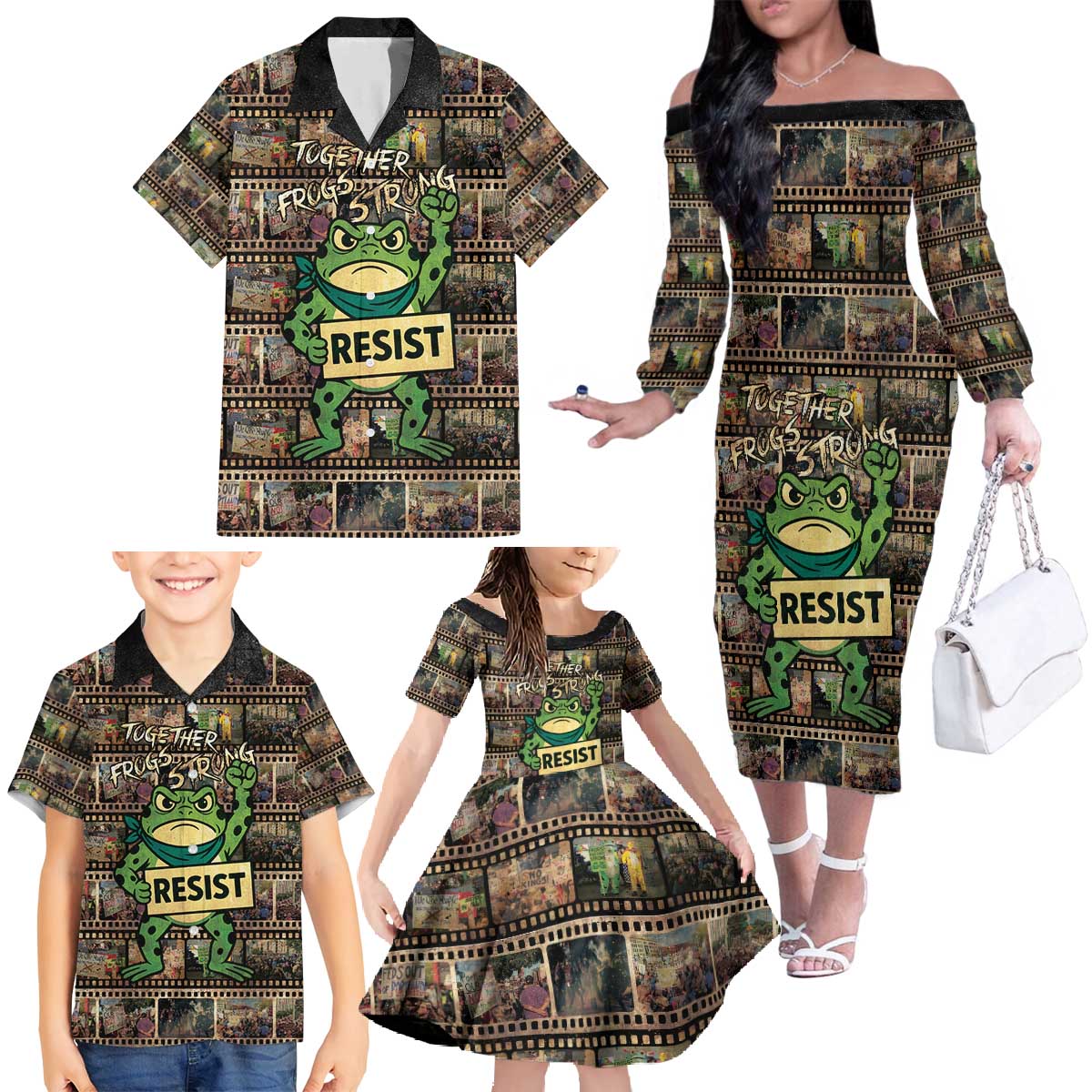 Resist Frog Family Matching Off The Shoulder Long Sleeve Dress and Hawaiian Shirt Protest Free Portland LT05