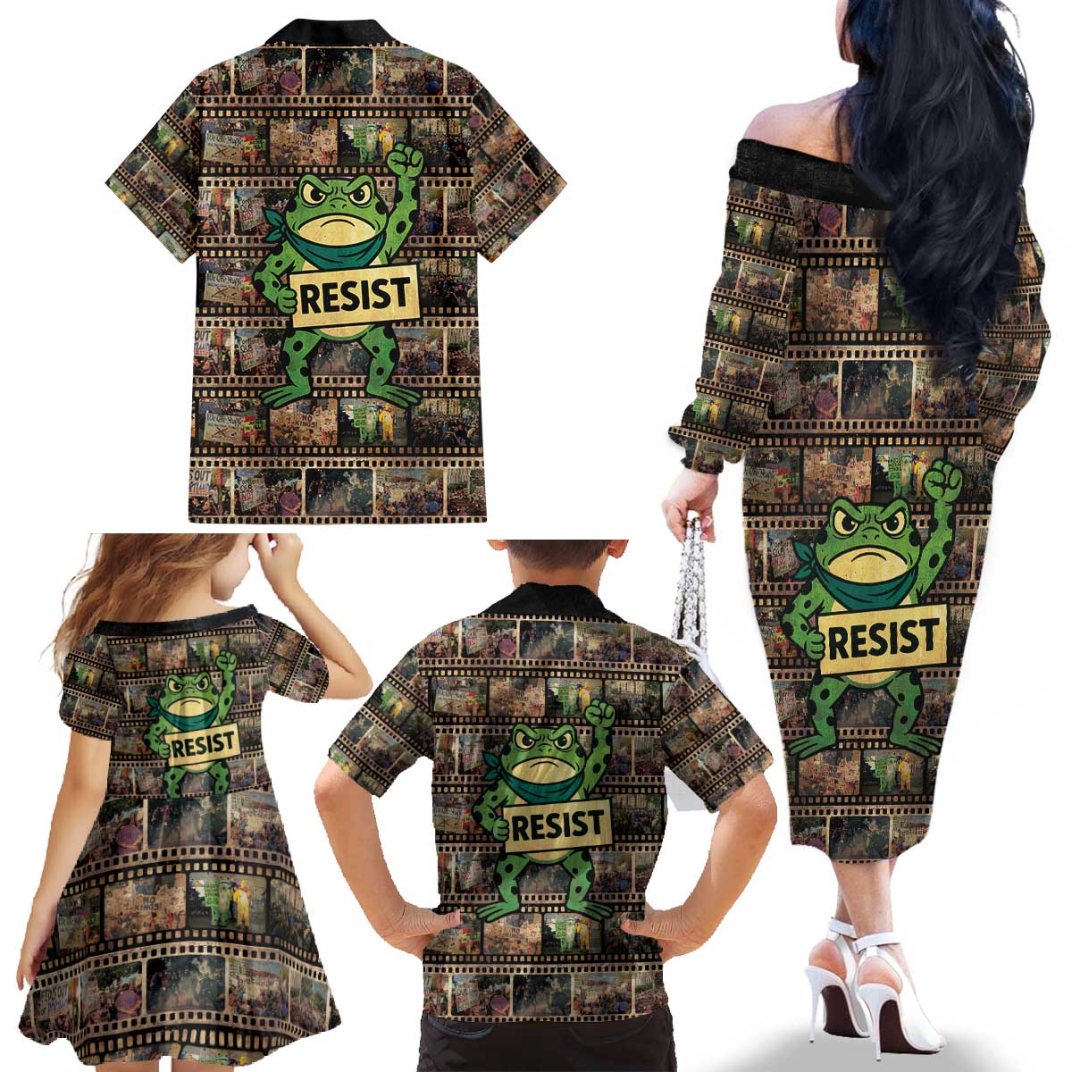 Resist Frog Family Matching Off The Shoulder Long Sleeve Dress and Hawaiian Shirt Protest Free Portland LT05